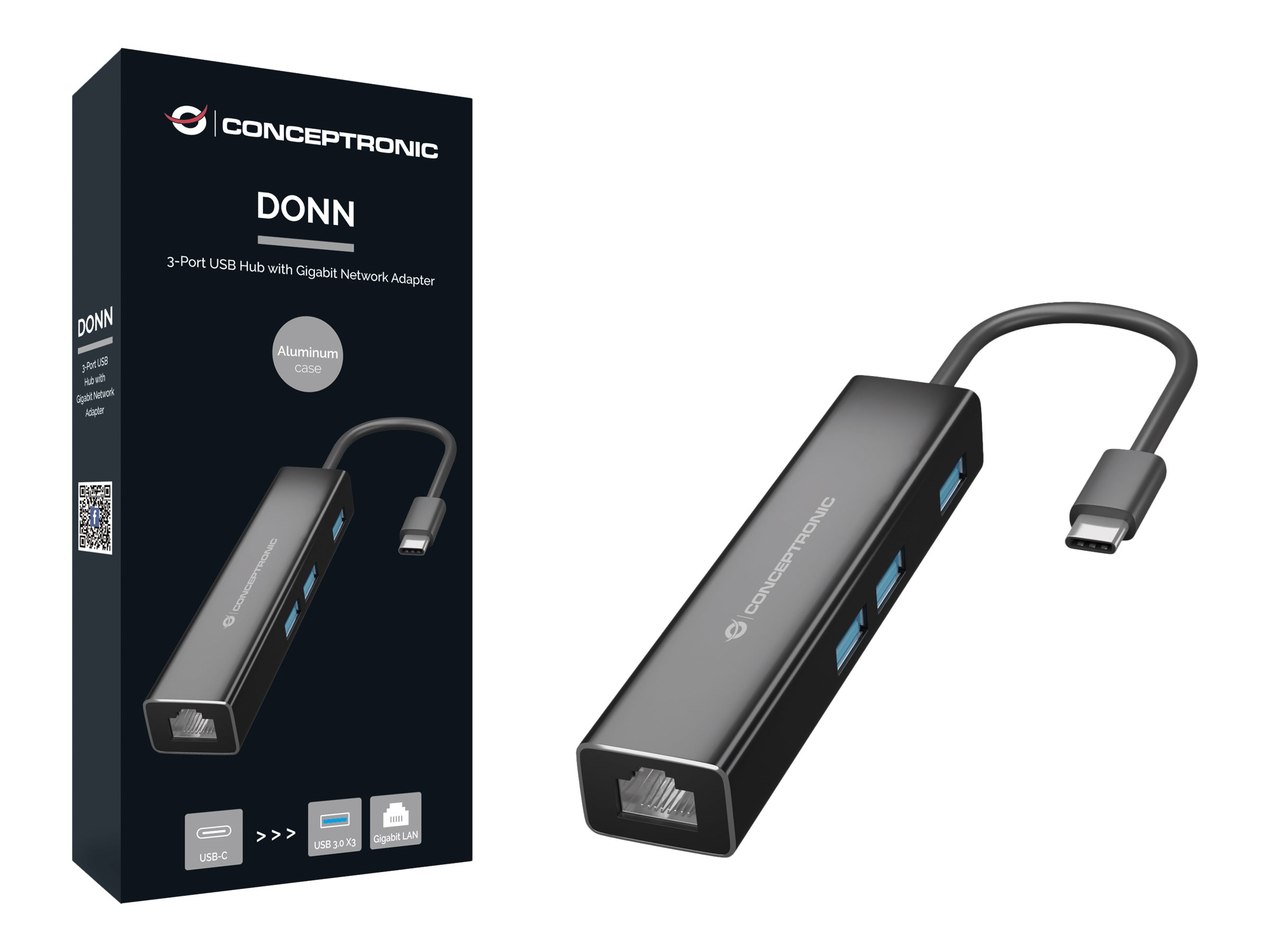 Conceptronic DONN07B - Hub - 3 x SuperSpeed USB 3.0 + 1 x 10/100/1000